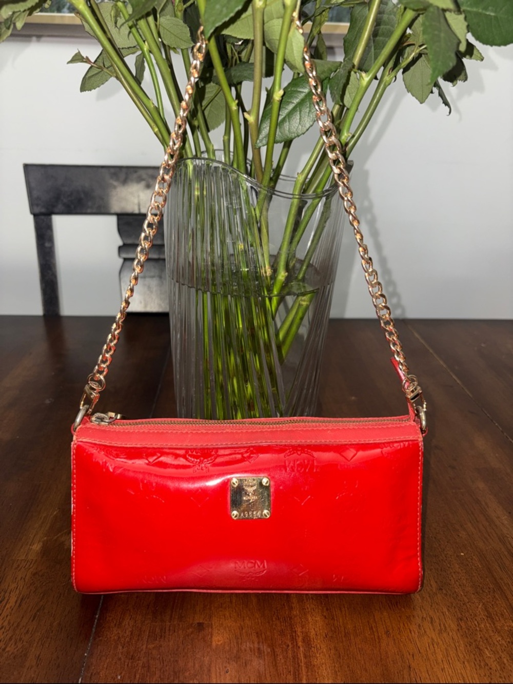 MCM Red Patent Chain Shoulder Clutch. In GUC Authentic.